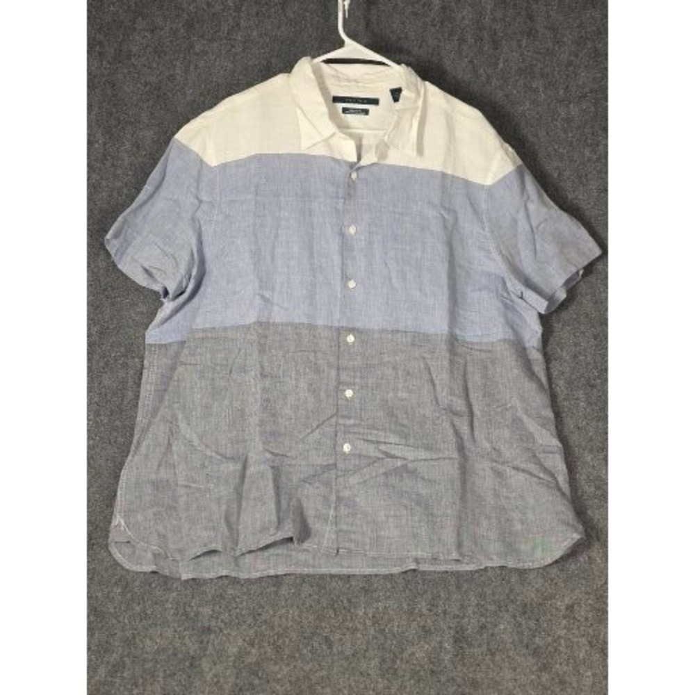 Perry Ellis Mens XXL Linen Blend Color Block Short Sleeve Button Down Shirt Blue